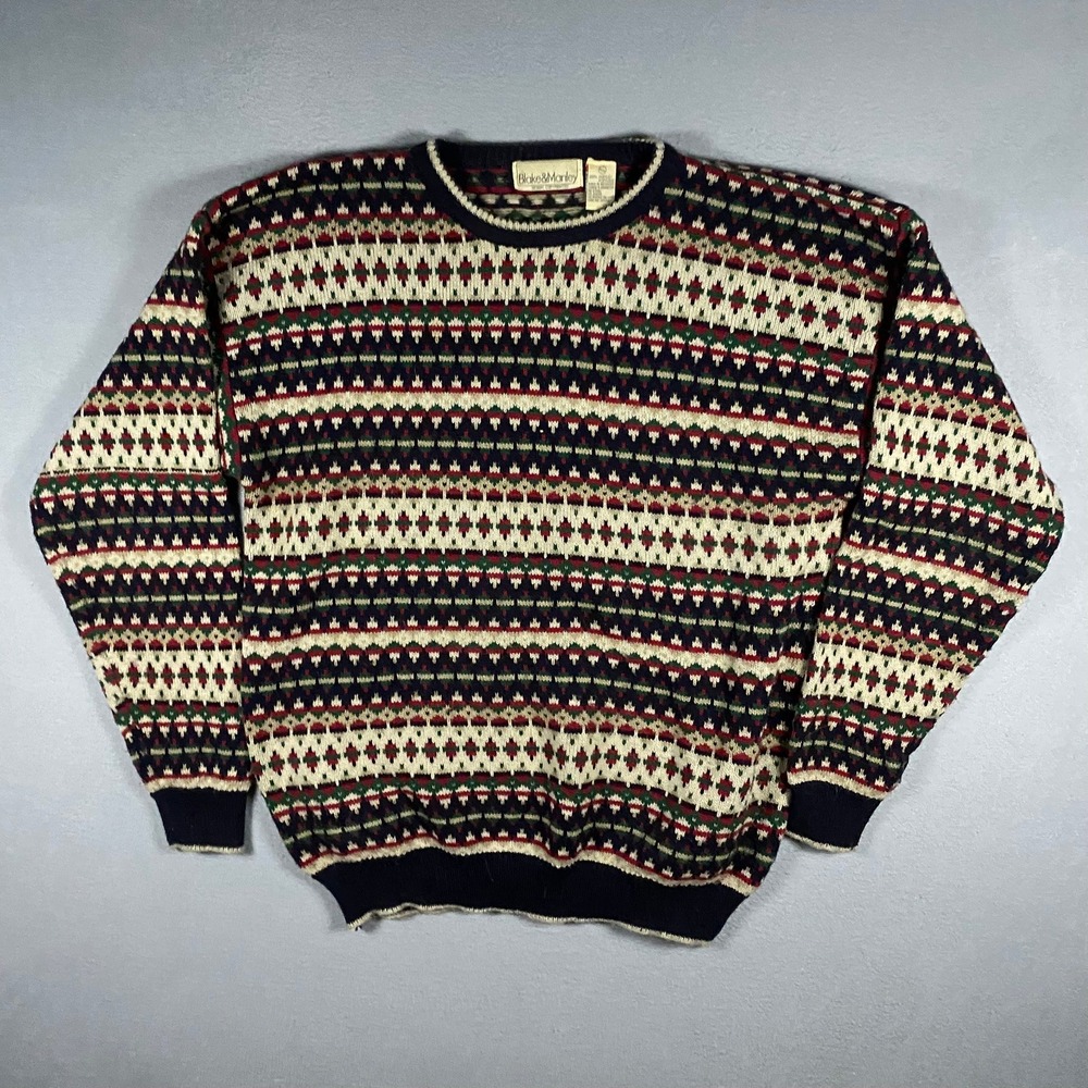 Blake & Manley Mens Vintage Fair Isle Geometric Knit Sweater XL Navy Red‎ Green